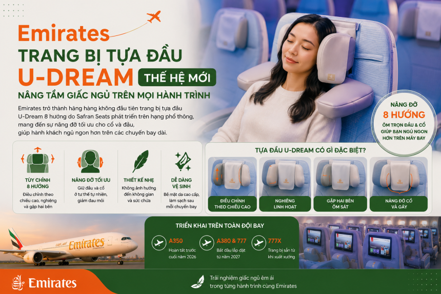 Emirates trang bị tựa đầu U-Dream mới giúp hành khách ngủ ngon hơn trên máy bay