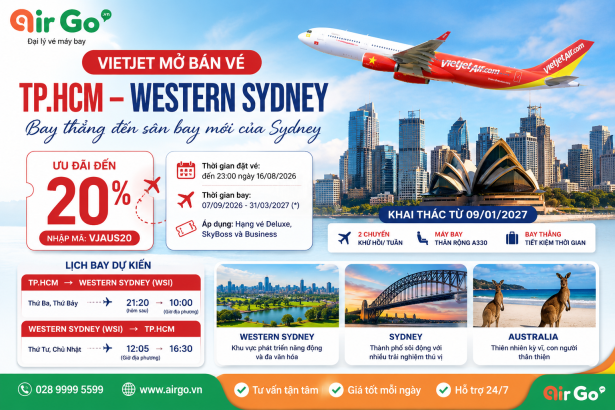Vietjet mở bán vé TP.HCM – Western Sydney, ưu đãi đến 20%