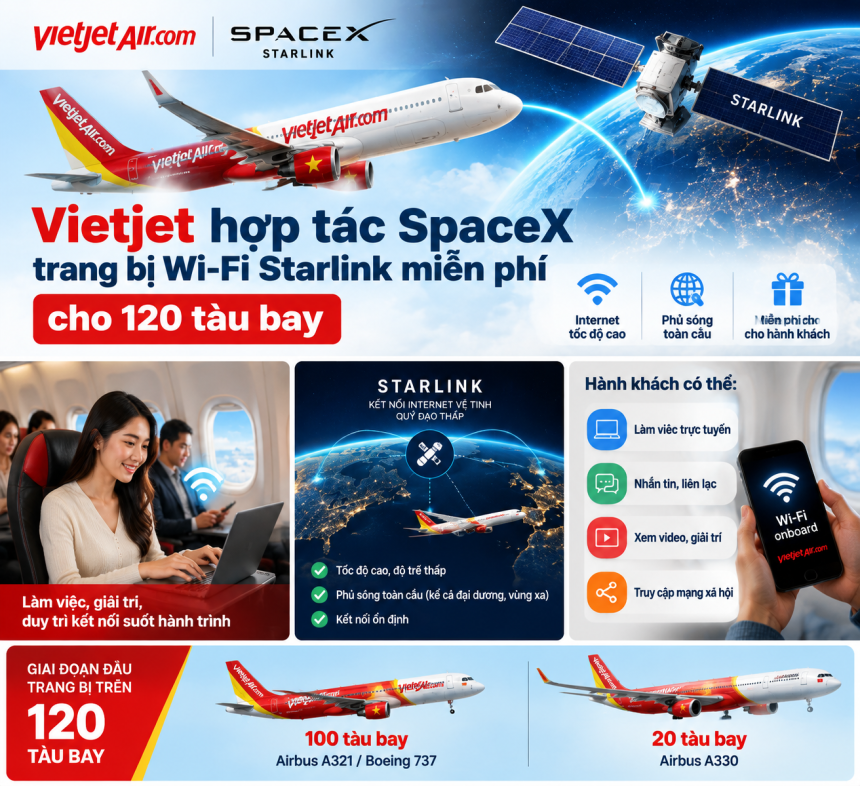 Vietjet hop tac SpaceX dua Wi Fi Starlink mien phi len 120 tau bay