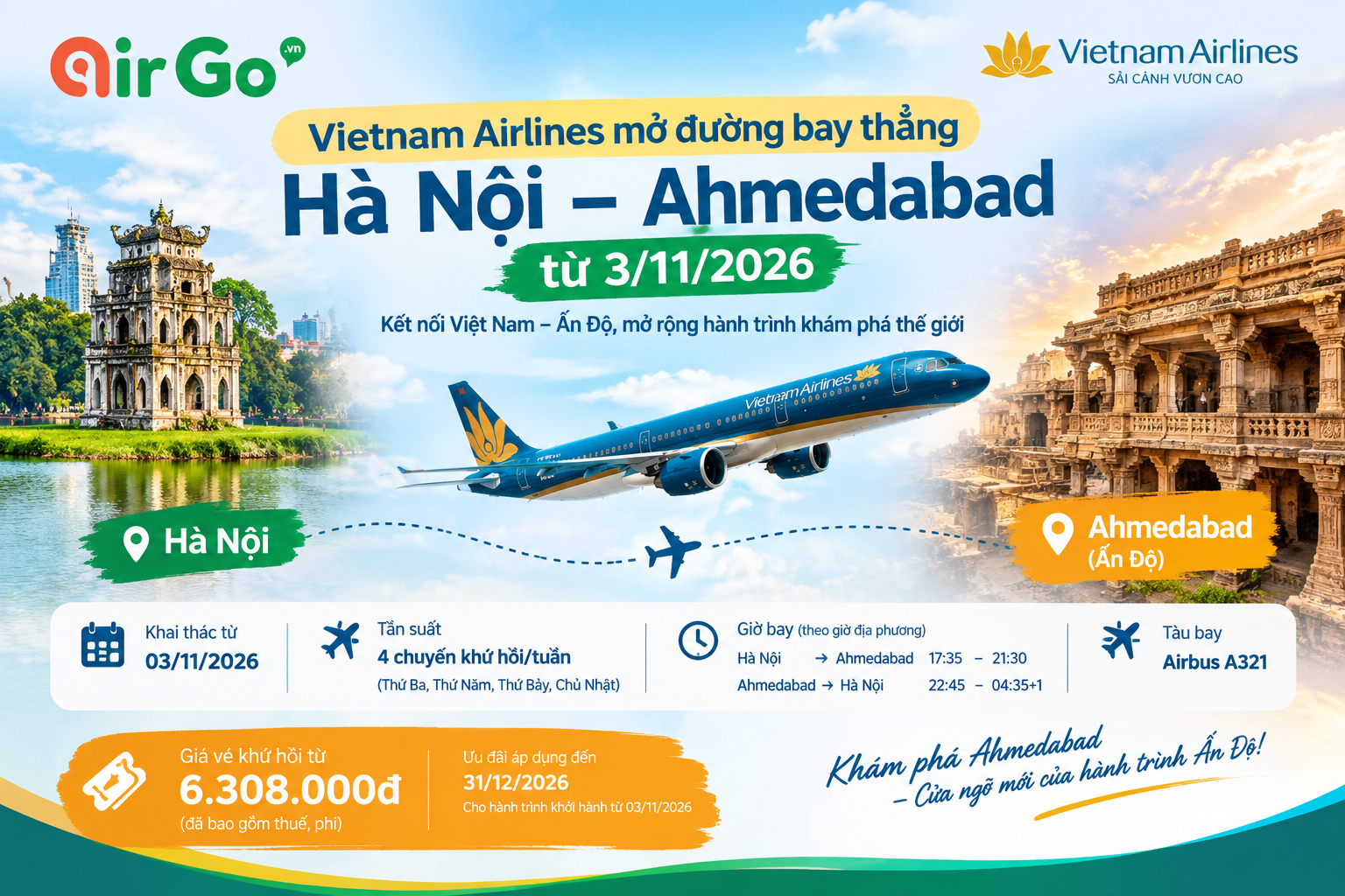 Vietnam Airlines mo duong bay Ha Noi – Ahmedabad tu 3.11