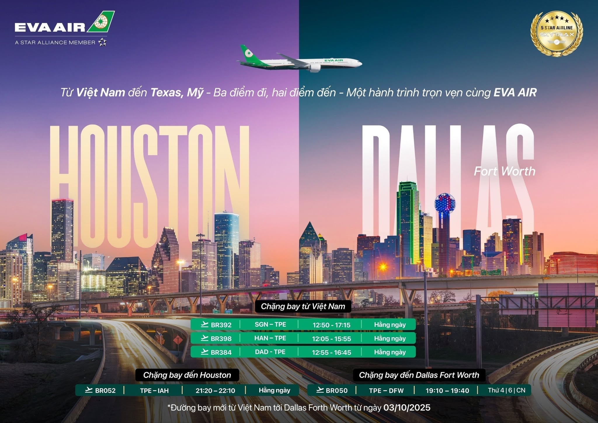 Đặt vé máy bay EVA Air đi Dallas Fort Worth DFW bang Texas